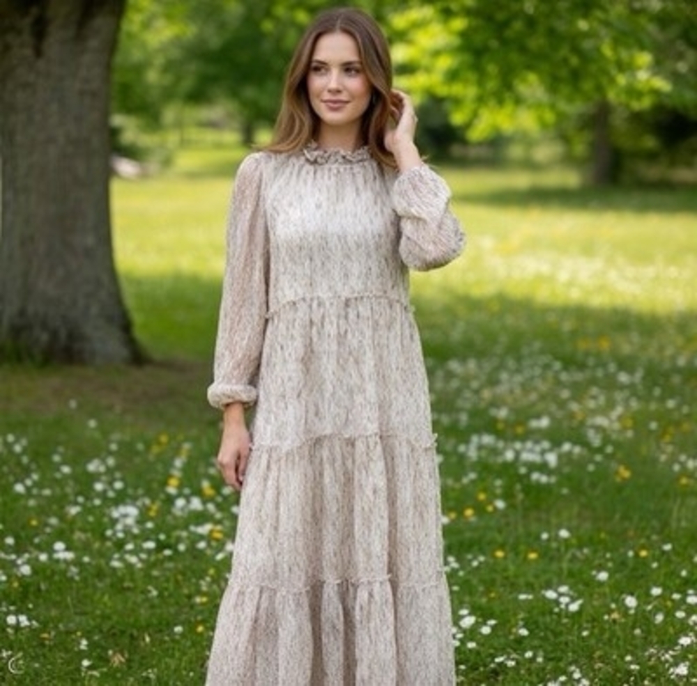 Polagram Women's Beige Smocked Tiered Midi Dress M Mock Neck 3/4 Sleeve Boho VG